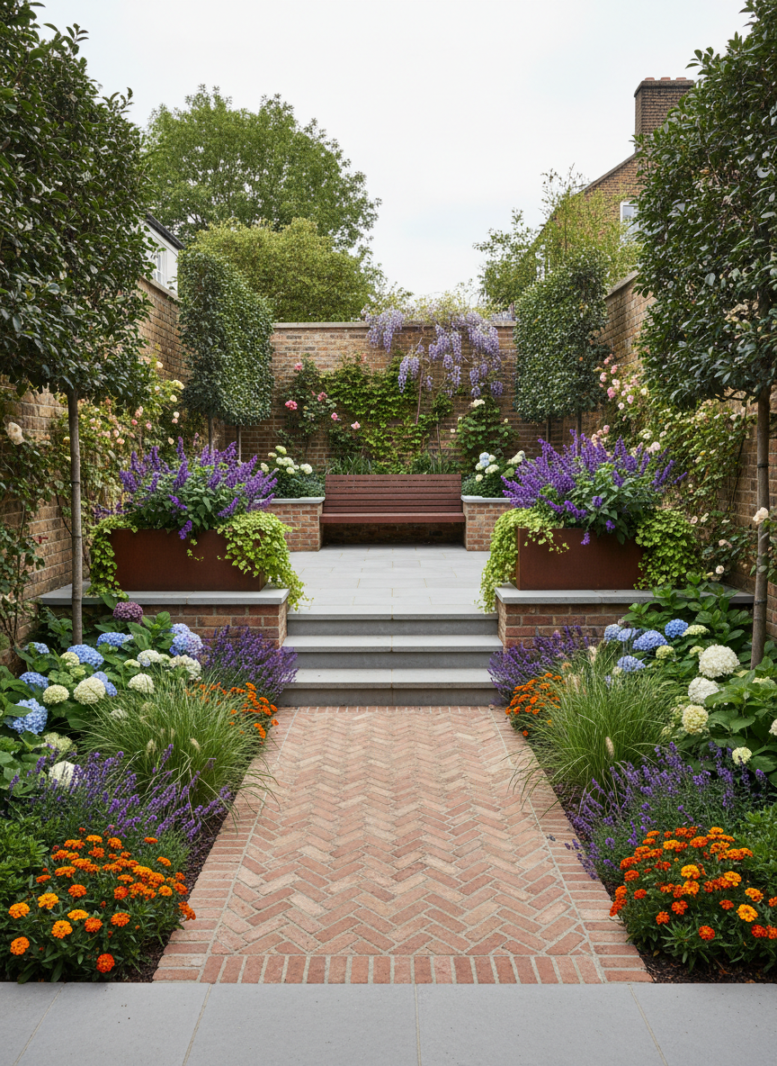 A long, narrow London backyard completely reinvented into a sophisticated, multi-level garden. At the rear, a raised brick terrace with sleek stone coping hosts a built-in bench and large planters. Midway, wide stone steps descend to a lower patio with herringbone brick inlay, surrounded by layered borders of flowering shrubs, grasses, and seasonal color. At the far end, a small, secluded stone-paved nook is framed by tall climbers on a boundary wall. Soft, diffused overcast light ensures even illumination, while the composition uses a central perspective to draw the eye through the space. The atmosphere is calm, orderly, and professionally executed in realistic photographic style.