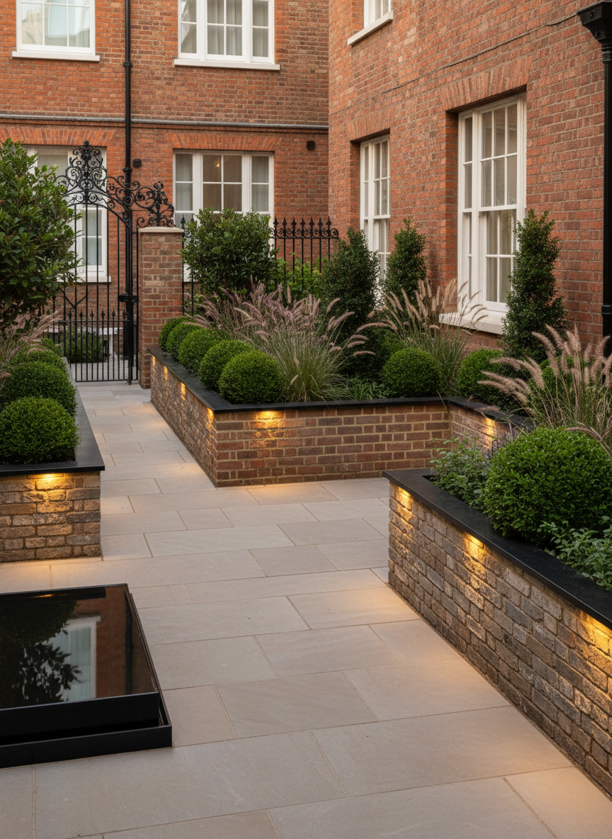 A meticulously designed contemporary garden courtyard for a London townhouse, showcasing a seamless blend of brick and stone landscaping. Smooth sandstone paving leads to a raised brick planter filled with structured evergreen shrubs and soft ornamental grasses. A low, stacked-stone retaining wall defines the space, with integrated LED uplights washing the textures in warm evening light. Sleek black metal garden edging and a small reflective water feature add precision and calm. Photographed at golden hour from a slightly elevated angle, with sharp focus throughout, the mood is professional, polished, and welcoming, conveying a high-end outdoor transformation in photographic realism.