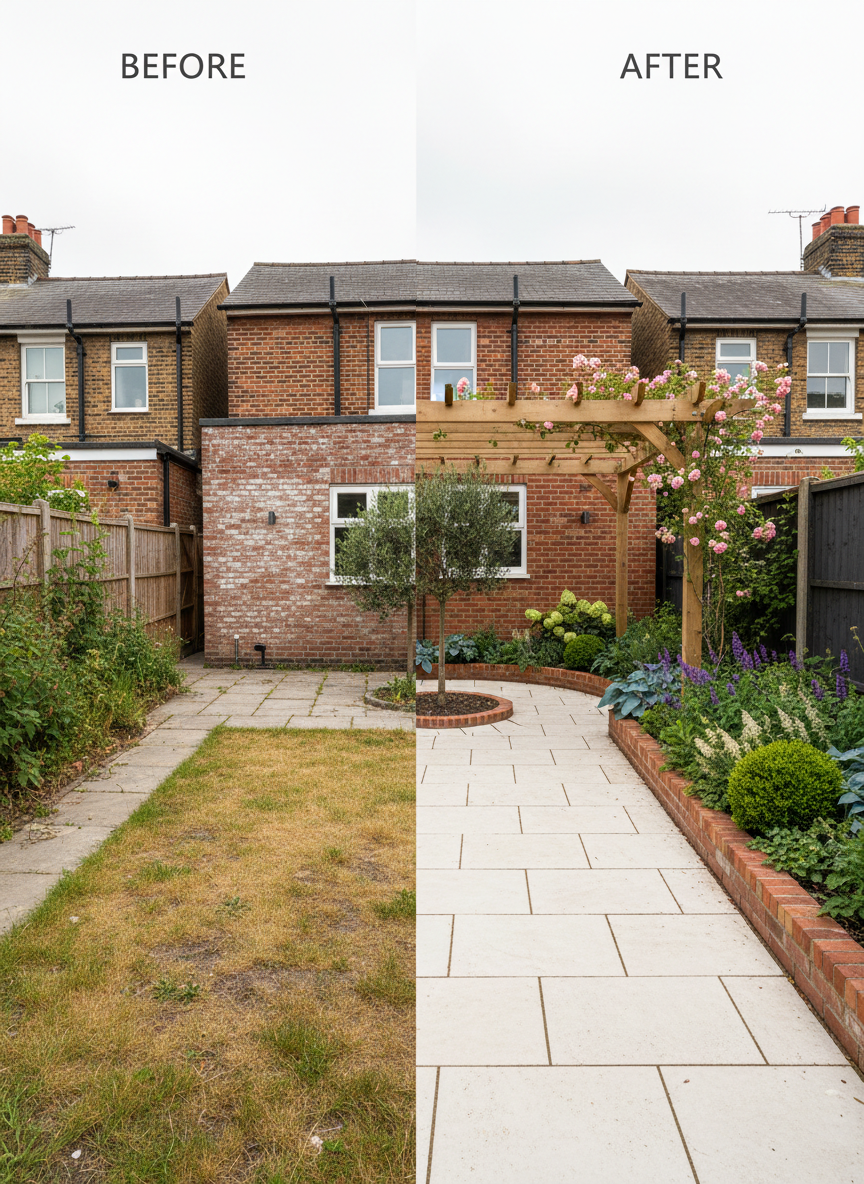 A wide, photographic before-and-after style garden composition, split seamlessly down the center. On the left, a dull, uneven patch of bare lawn and tired concrete slabs behind a London terrace home. On the right, the same space fully transformed: elegant porcelain paving, crisp brick-edged planting beds, a timber pergola over a stone seating area, and lush layered plantings of perennials and shrubs. Soft overcast daylight ensures balanced exposure and true color. Captured from the same eye-level perspective to emphasize the dramatic change, with a clean, modern aesthetic that highlights the professionalism and quality of the hardscaping and planting design.