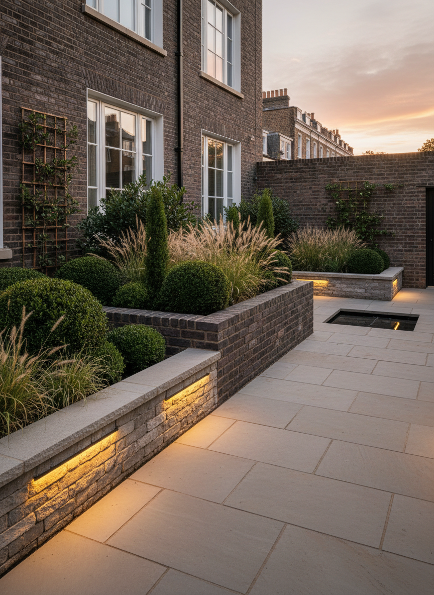A meticulously designed contemporary garden courtyard for a London townhouse, showcasing a seamless blend of brick and stone landscaping. Smooth sandstone paving leads to a raised brick planter filled with structured evergreen shrubs and soft ornamental grasses. A low, stacked-stone retaining wall defines the space, with integrated LED uplights washing the textures in warm evening light. Sleek black metal garden edging and a small reflective water feature add precision and calm. Photographed at golden hour from a slightly elevated angle, with sharp focus throughout, the mood is professional, polished, and welcoming, conveying a high-end outdoor transformation in photographic realism.