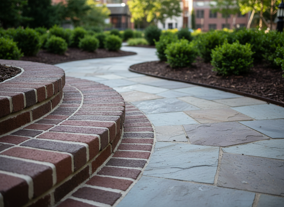 A detailed close-up of premium hardscaping craftsmanship in a landscaped city garden. The focus is on the junction where brick steps meet a curved stone pathway and a neatly edged planting bed. Each brick is perfectly aligned, with clean mortar joints and subtle variation in tone. The stone pavers have a fine-textured, slip-resistant surface, framed by slim metal edging that separates them from rich, dark mulch and low, structured planting. Soft morning light grazes the surfaces, creating gentle shadows that reveal texture. Shot at a low angle with a shallow depth of field, the background softly blurs into hints of lush greenery, emphasizing quality and precision.