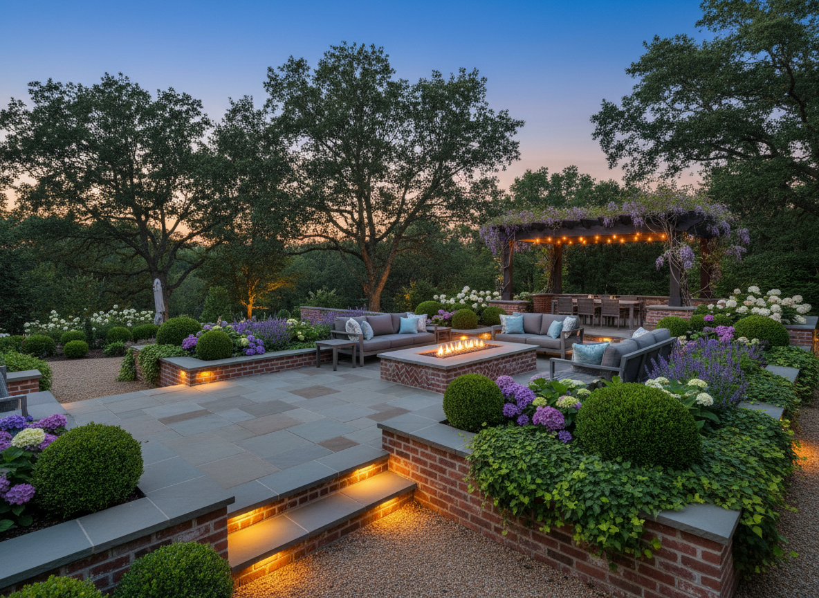 A luxurious outdoor living space featuring a custom stone patio and brickwork detailing, designed for entertaining. At the center, a large rectangular paved terrace in warm grey stone hosts a modern, low-profile fire pit built from meticulously laid brick and stone. Surrounding it, raised planters constructed from matching brick are densely planted with boxwood balls, flowering perennials, and trailing greenery. Discreet built-in step lights illuminate the edges, while subtle garden lighting emphasizes plant textures. Photographed at twilight with a wide-angle lens, the image has a serene, inviting mood and crisp, professional composition, showcasing a high-end garden project in photographic realism.