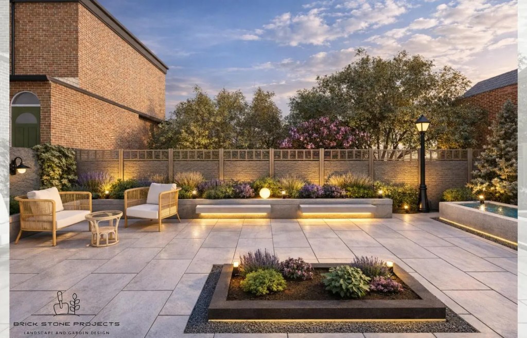 Realistic 3D garden design visualisation showing paving, planting, lighting and seating before construction.