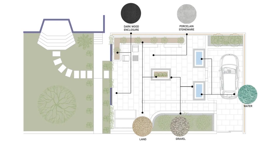 Garden layout plan showing paving, planting, seating, lighting and material selections for design option one.