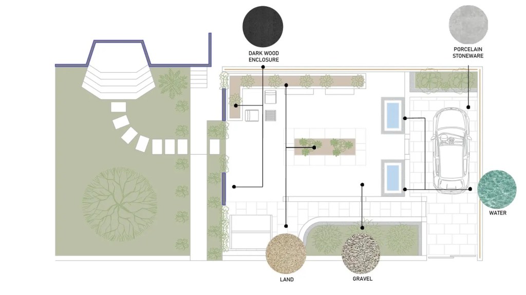 Alternative garden layout plan showing a revised arrangement of paving, planting and outdoor seating.
