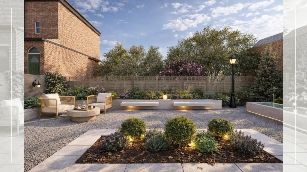 Realistic garden visualisation showing an alternative arrangement of planting, gravel, seating and lighting.